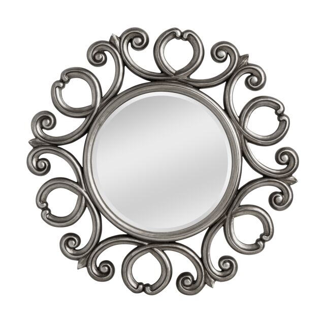 Orsina Silver Finish Frame Round Wall Mirror, Bevelled Mirror With Ornamental Carvings, Traditional Wall Mirror - image 1