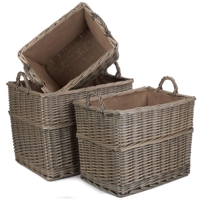 Red Hamper Wicker Set of 3 Rectangular Hessian Lined Log Storage Basket in Brown - image 1