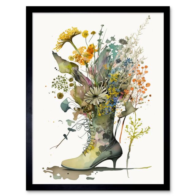 "Artery8 Wall Art Print Spring Wildflower Bouquet Stiletto Military Boot Art Framed in Black - Size: W12"" x H16""" - image 1