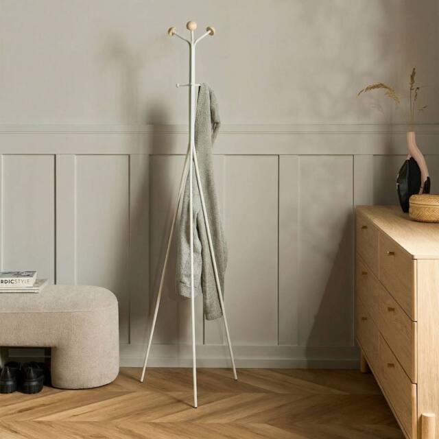 Wyld and Coco Freestanding Coat Rack White Powder Coat Steel Fir Wood Accents - image 1