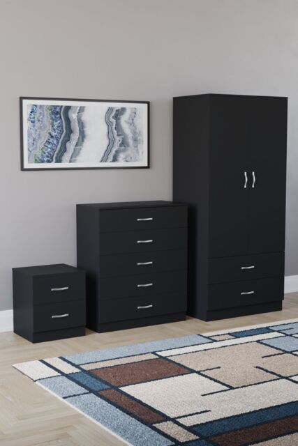 Home Discount Vida Designs Riano 3 Piece Bedroom Set 2 Draw Bedside & 5 Drawer Chest in Black - image 1