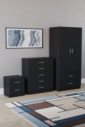 Home Discount Vida Designs Riano 3 Piece Bedroom Set 2 Draw Bedside & 5 Drawer Chest in Black