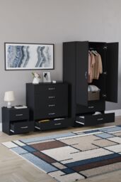 Home Discount Vida Designs Riano 3 Piece Bedroom Set 2 Draw Bedside & 5 Drawer Chest in Black - thumbnail 2