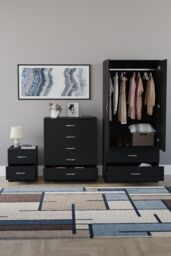 Home Discount Vida Designs Riano 3 Piece Bedroom Set 2 Draw Bedside & 5 Drawer Chest in Black - thumbnail 3