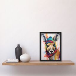 Artery8 Kangaroo Wearing Colourful Winter Hat & Scarf Artwork Framed Wall Art Print A4 in Black - thumbnail 2