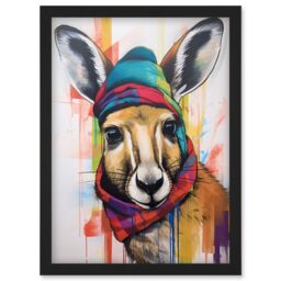 Artery8 Kangaroo Wearing Colourful Winter Hat & Scarf Artwork Framed Wall Art Print A4 in Black - thumbnail 1