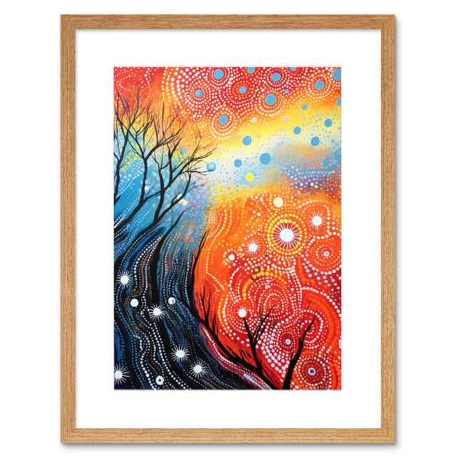 Artery8 Wall Art Print Contemporary Aboriginal Artwork in Blue & Orange Vibrant Abstract Forest Trees & Stars Artwork Framed 9X7 Inch - image 1