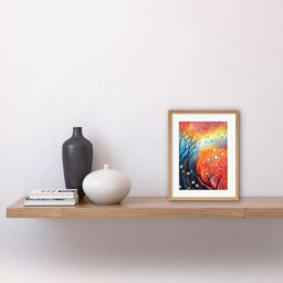 Artery8 Wall Art Print Contemporary Aboriginal Artwork in Blue & Orange Vibrant Abstract Forest Trees & Stars Artwork Framed 9X7 Inch - thumbnail 2