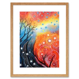 Artery8 Wall Art Print Contemporary Aboriginal Artwork in Blue & Orange Vibrant Abstract Forest Trees & Stars Artwork Framed 9X7 Inch - thumbnail 1
