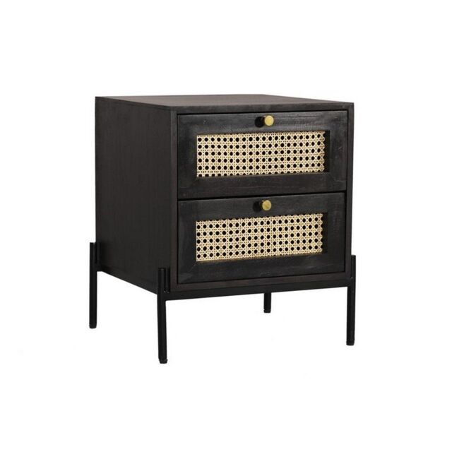 Jaipur Furniture Ltd Rattan Bedside Table 2 Drawer - Mango Wood/Iron - L45 x W45 x H55 cm - Black Finish with Natural Rattan - Assembly Required - image 1