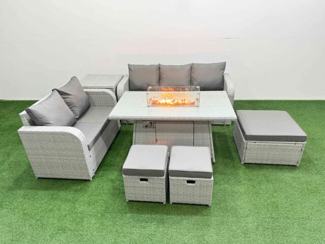 Fimous 8 Seater PE Rattan Wicker Garden Furniture Patio Conservatory Sofa Set with Firepit Dining Table 3 Seater Sofa Love Sofa 3 Stool Side Table - image 1