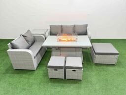 Fimous 8 Seater PE Rattan Wicker Garden Furniture Patio Conservatory Sofa Set with Firepit Dining Table 3 Seater Sofa Love Sofa 3 Stool Side Table - thumbnail 2