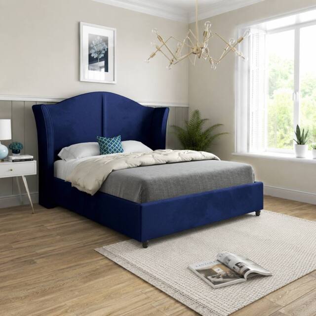 Casani Tirley Curved Winged Upholstered Blue Soft Velvet Designer Bed Frame - Size: Small Single - image 1