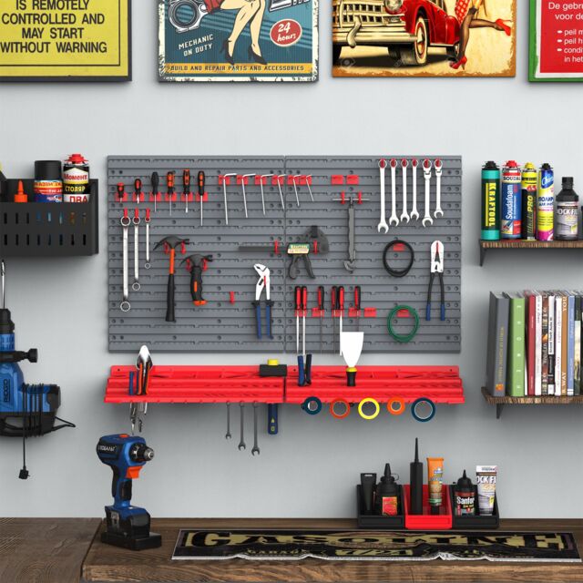 DURHAND 54 Pcs On-Wall Tool Equipment Holding Pegboard Home Garage Organiser in Red - image 1
