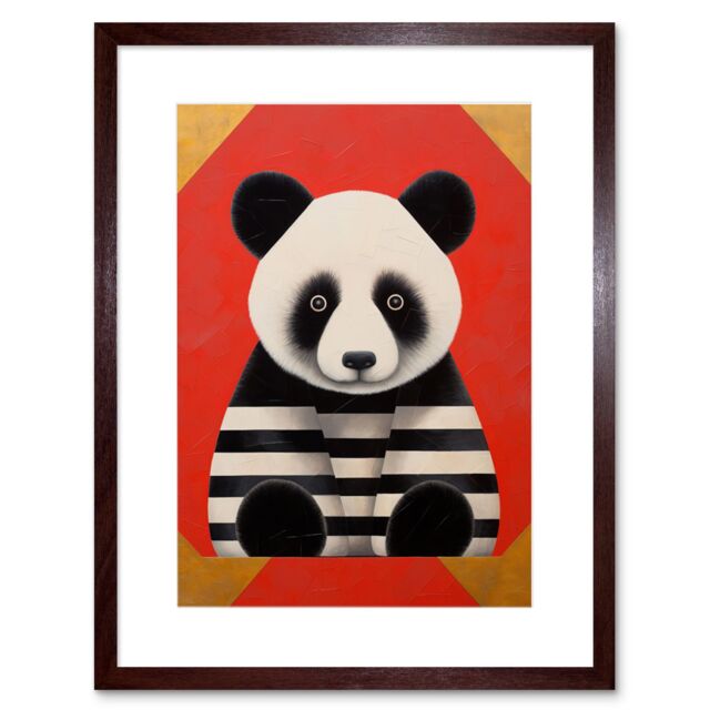 "Artery8 Wall Art Print Panda with Stripes Fun Kids Bedroom Baby Nursery Bright Bold Artwork Red Black White Artwork Framed 9X7 Inch - Size: W7"" x H9""" - image 1