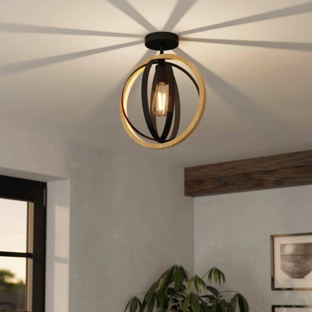 Eglo Basildon Black Steel & Wood Modern Unique Design Ceiling Light - image 1