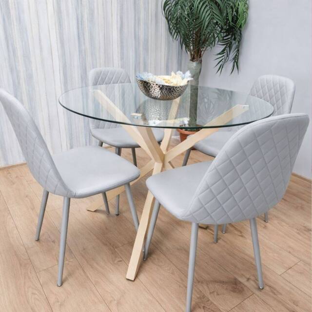 KOSY KOALA Round Glass Dining Table Set With 4 Grey Chairs Dining Room Furniture - image 1