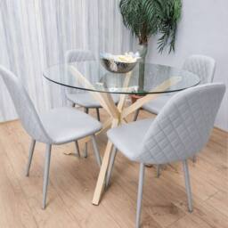 KOSY KOALA Round Glass Dining Table Set With 4 Grey Chairs Dining Room Furniture
