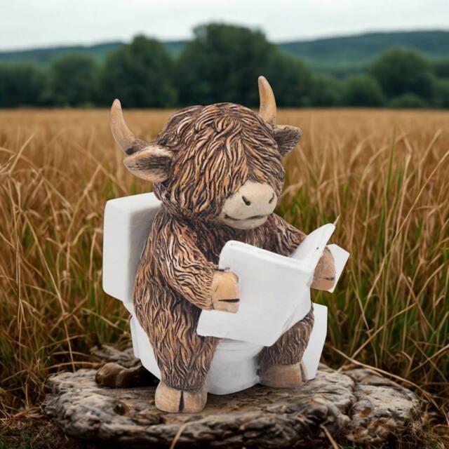 Animal Crackers Hughie Highland Cow Sat On The Toilet Reading The News Figurine - image 1