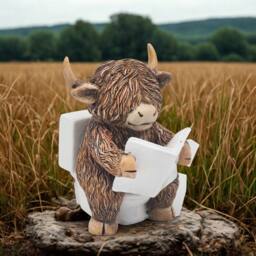 Animal Crackers Hughie Highland Cow Sat On The Toilet Reading The News Figurine - thumbnail 1
