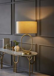 ValueLights Antonia Fabric Drum Lamp Shade Brushed Gold Oval Table Lamp in Natural