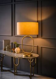 ValueLights Antonia Fabric Drum Lamp Shade Brushed Gold Oval Table Lamp in Natural - thumbnail 2