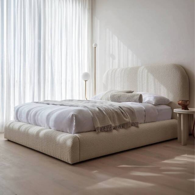 KDMD Curve Boucle Upholstered Latte Premium Platform Bed Frame in Light Khaki - Size: King - image 1