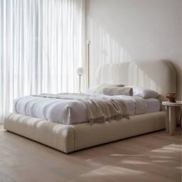 KDMD Curve Boucle Upholstered Latte Premium Platform Bed Frame in Light Khaki - Size: King