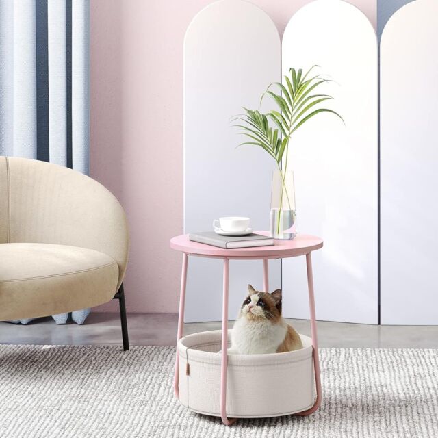 VASAGLE Round End Table Fabric Basket Spacious Modern Bedside Living Room in Pale Pink - image 1