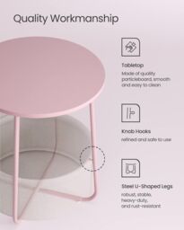 VASAGLE Round End Table Fabric Basket Spacious Modern Bedside Living Room in Pale Pink - thumbnail 4