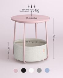 VASAGLE Round End Table Fabric Basket Spacious Modern Bedside Living Room in Pale Pink - thumbnail 2