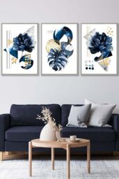 ARTZE Set of 3 Light Grey Framed Abstract Blue & Gold Botanical Wall Art in Navy - Size: W45 cm x H62 cm x D20mm - thumbnail 1