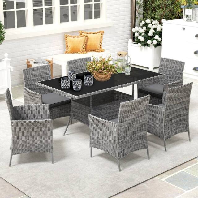 OUTSUNNY Rattan Dining Set for 6 with Cushions, Glass Top Table in Dark Grey - image 1