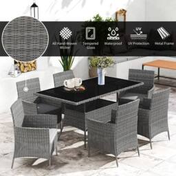 OUTSUNNY Rattan Dining Set for 6 with Cushions, Glass Top Table in Dark Grey - thumbnail 4