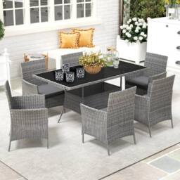 OUTSUNNY Rattan Dining Set for 6 with Cushions, Glass Top Table in Dark Grey - thumbnail 1