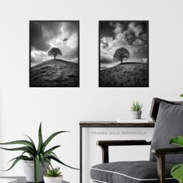 Artery8 Wall Art Print Set of 3 Lone Tree on a Hill Black & White Photographs Countryside Field Landscape Living Room Poster s Pack - thumbnail 6