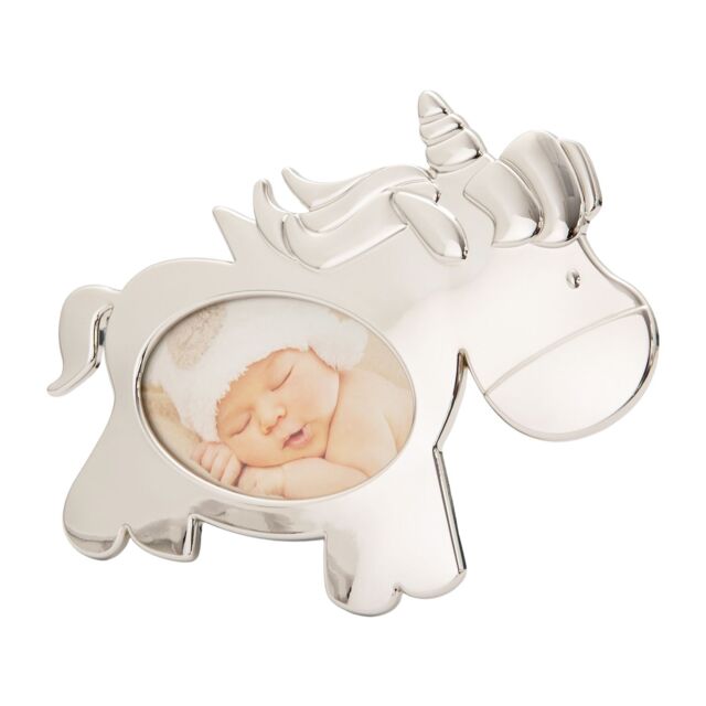 Happy Homewares Cute Unicorn Themed Shiny Nickel Plated Metal Baby Oval Picture Frame in Silver - image 1