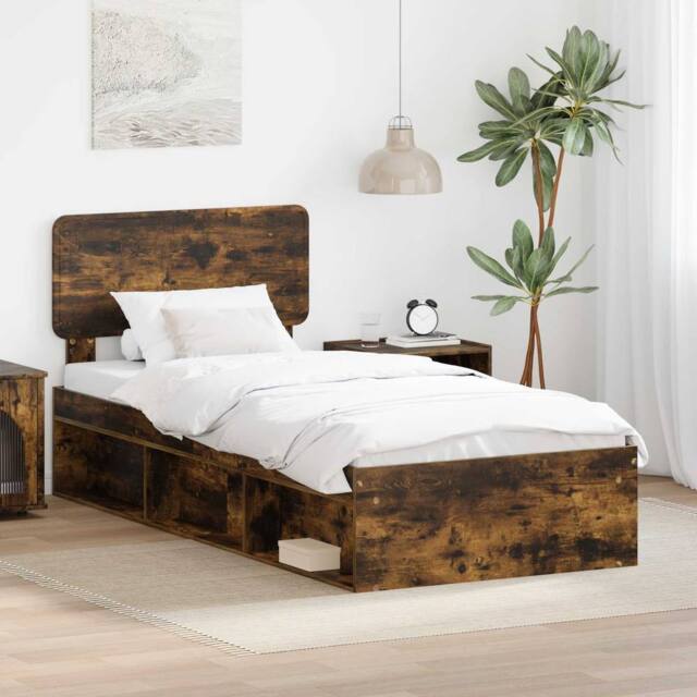Berkfield Home Bed Frame with Headboard Smoked Oak 90 x 200 cm Solid Pine Wood in Brown - image 1