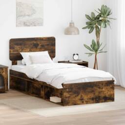 Berkfield Home Bed Frame with Headboard Smoked Oak 90 x 200 cm Solid Pine Wood in Brown - thumbnail 1