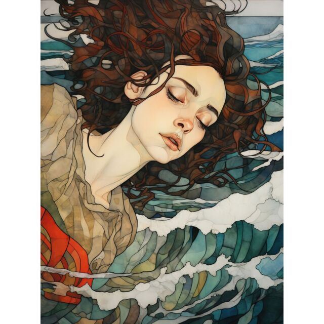 Artery8 Wall Art Print Dreaming of the Sea Woman Sleeping Egon Schiele Style Watercolour Painting Red Brown Blue Carried by Waves Poster - image 1
