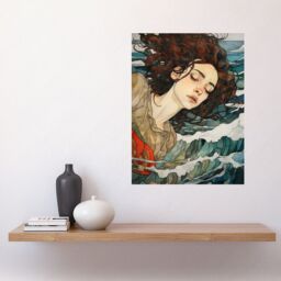 Artery8 Wall Art Print Dreaming of the Sea Woman Sleeping Egon Schiele Style Watercolour Painting Red Brown Blue Carried by Waves Poster - thumbnail 2
