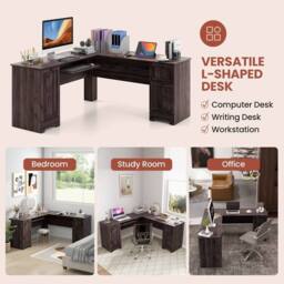 Costway L-Shaped Corner Computer Desk Study Workstation w/ Cabinet & Drawers in Dark Brown - thumbnail 9