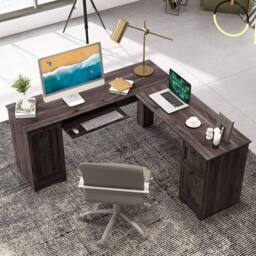 Costway L-Shaped Corner Computer Desk Study Workstation w/ Cabinet & Drawers in Dark Brown - thumbnail 4