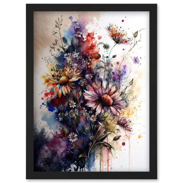 Artery8 Flower Bouquet over Watercolour Splat Illustration Artwork Framed Wall Art Print A4 in Black - image 1