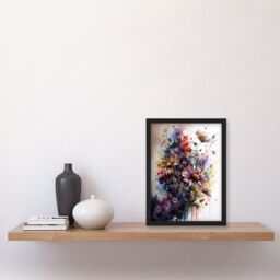 Artery8 Flower Bouquet over Watercolour Splat Illustration Artwork Framed Wall Art Print A4 in Black - thumbnail 2