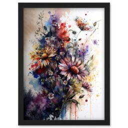 Artery8 Flower Bouquet over Watercolour Splat Illustration Artwork Framed Wall Art Print A4 in Black - thumbnail 1