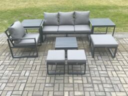 Fimous Aluminium Outdoor Garden Furniture Set Lounge Sofa Chair Square Coffee Table Sets with 2 Side Tables 3 Footstools Conservatory Set in Dark Grey - thumbnail 2