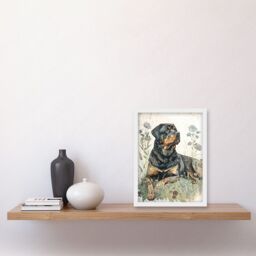 Artery8 Rottweiler Dog Lying in Wildflowers Bright Watercolour Illustration Artwork Framed Wall Art Print A4 in White - thumbnail 2