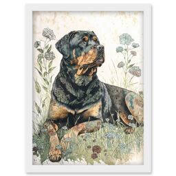 Artery8 Rottweiler Dog Lying in Wildflowers Bright Watercolour Illustration Artwork Framed Wall Art Print A4 in White - thumbnail 1