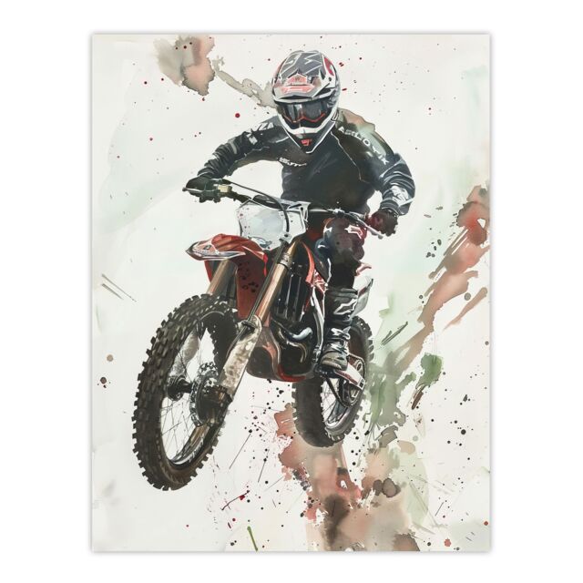 "Artery8 Motocross Racer Sport Action Shot Watercolour Wall Art Print in Grey - Size: W12"" x H16""" - image 1